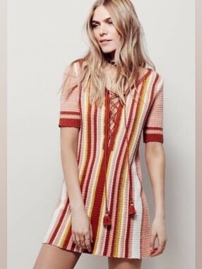FREE PEOPLE Womens LOLLYPOP SHORT SLEEVE KNIT COTTON DRESS SUNSET COMBO Size Sm